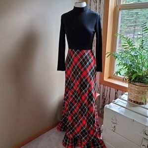Vintage Black Red Plaid Mock Neck Maxi Dress